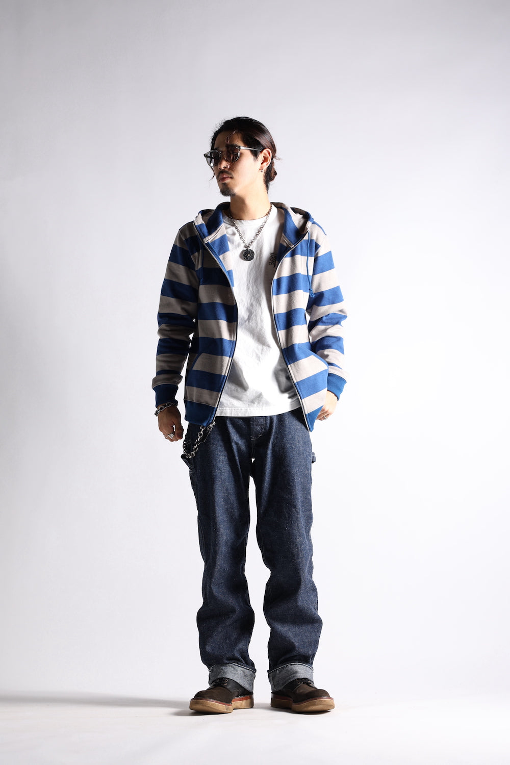 HEAVY BORDER HOODIE GRY/NVY