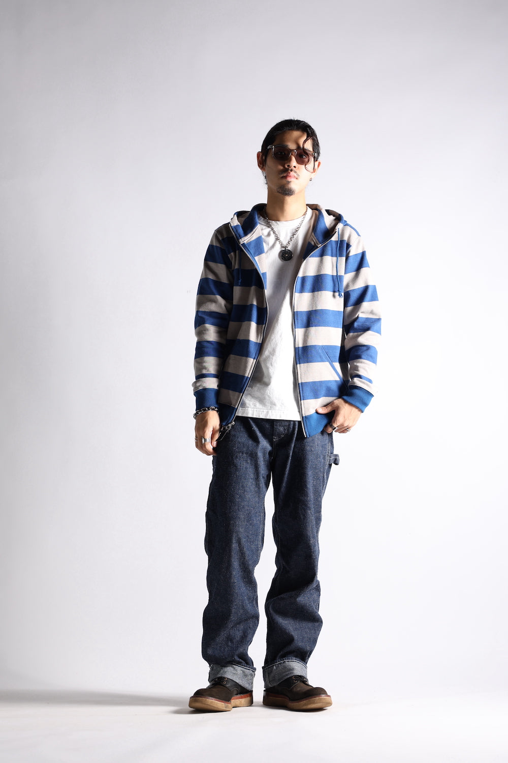 HEAVY BORDER HOODIE GRY/NVY