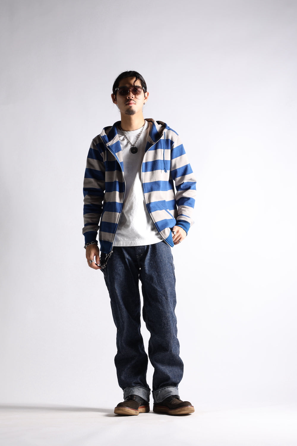 HEAVY BORDER HOODIE GRY/NVY