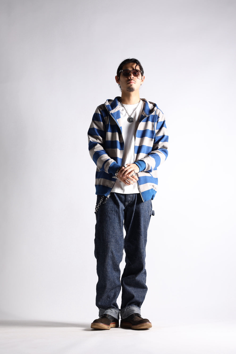 HEAVY BORDER HOODIE GRY/NVY