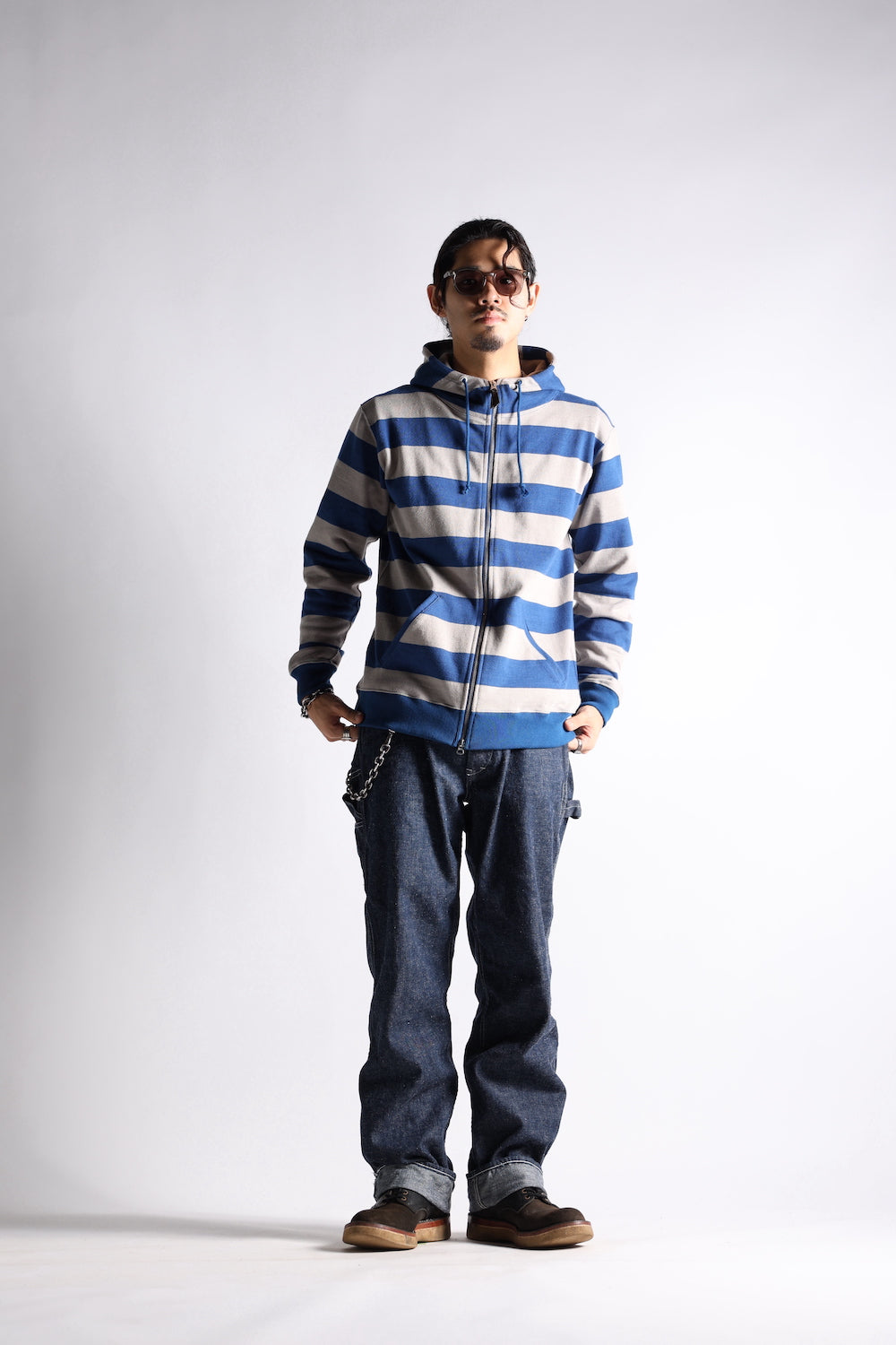 HEAVY BORDER HOODIE GRY/NVY