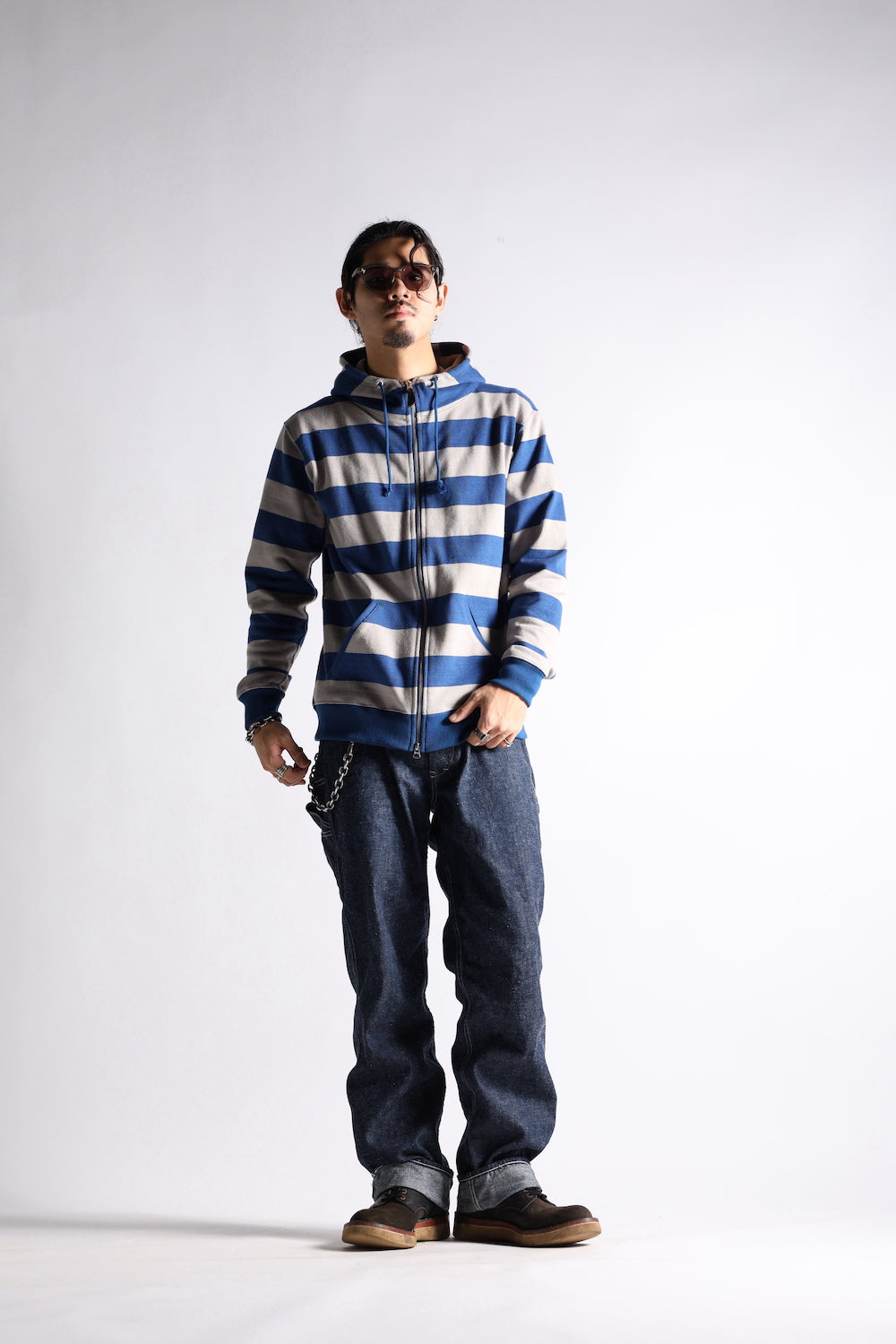 HEAVY BORDER HOODIE GRY/NVY