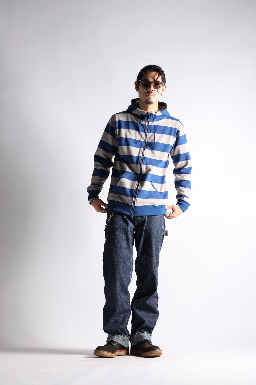 HEAVY BORDER HOODIE GRY/NVY