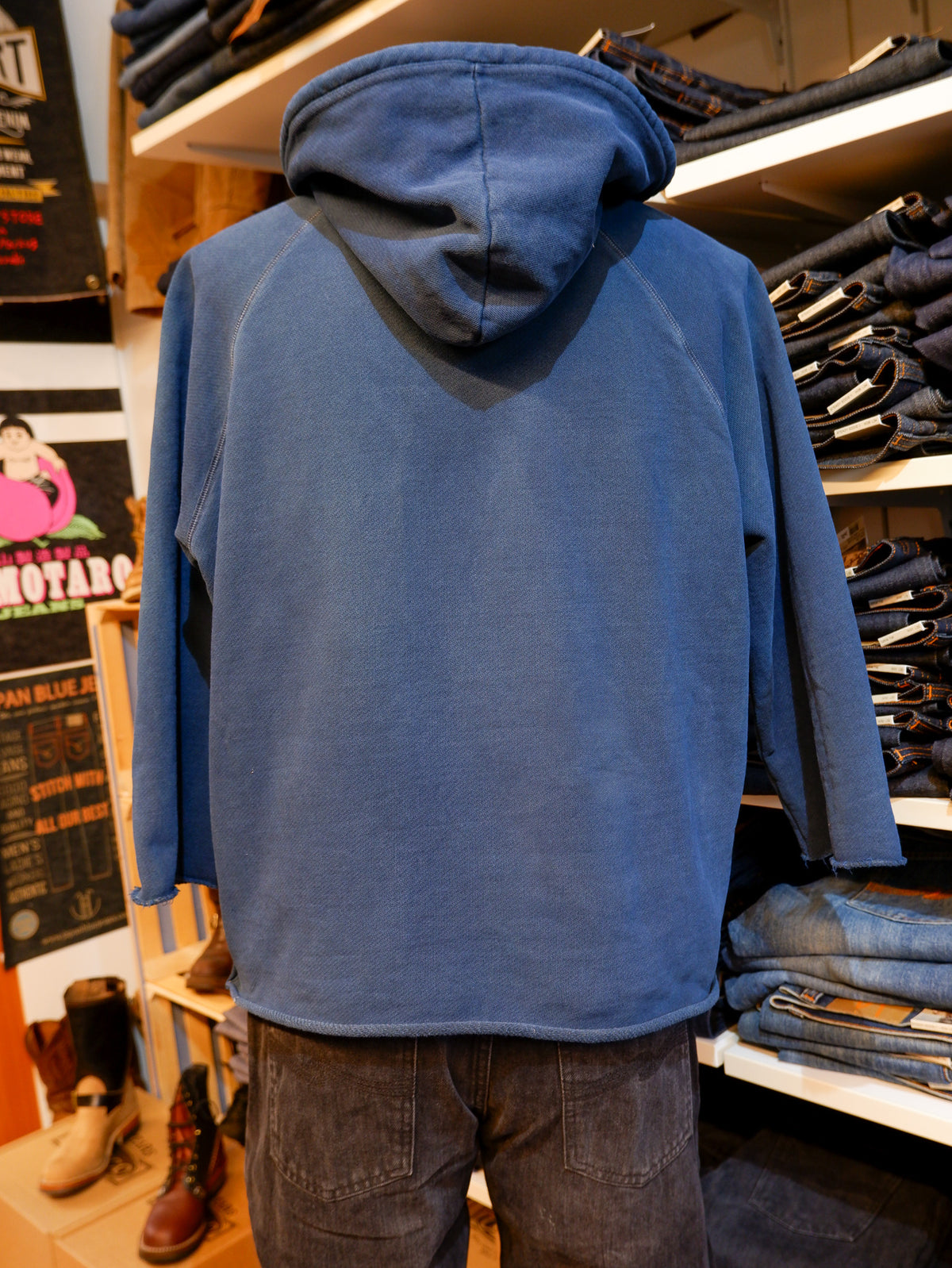 FLEURS DE BAGNE × the LowDown x Blaudruck Koo´ Boxing Hooded Sweatshirt 3/4 Sleeves „BASIC VINTAGE“ – Indigo Overdye