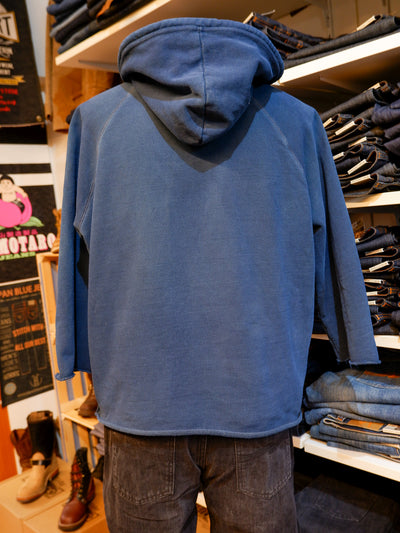 FLEURS DE BAGNE × the LowDown x Blaudruck Koo´ Boxing Hooded Sweatshirt 3/4 Sleeves „BASIC VINTAGE“ – Indigo Overdye