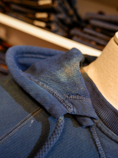 FLEURS DE BAGNE × the LowDown x Blaudruck Koo´ Boxing Hooded Sweatshirt 3/4 Sleeves „BASIC VINTAGE“ – Indigo Overdye