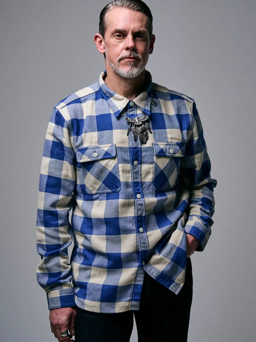 FN-SNR-101L Block Check Flannel Shirt, White/Blue