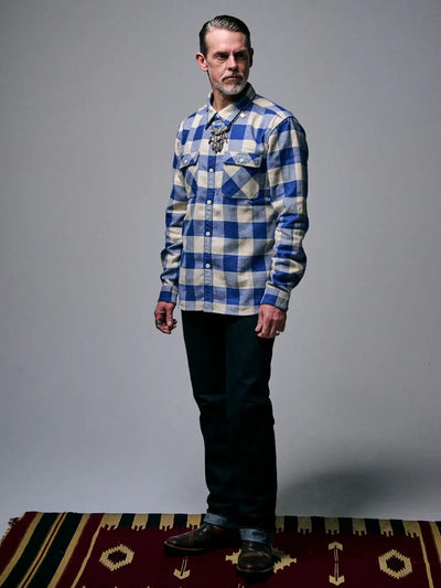 FN-SNR-101L Block Check Flannel Shirt, White/Blue