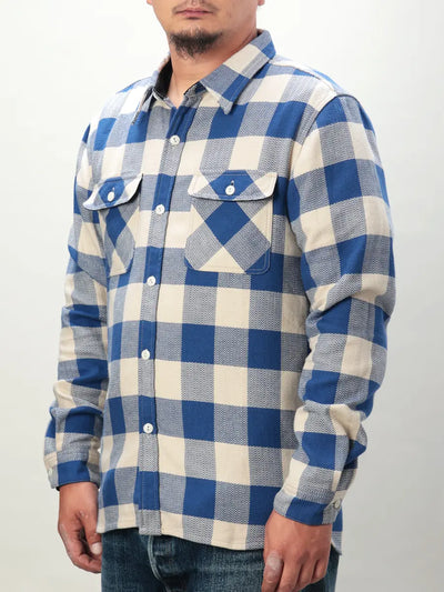 FN-SNR-101L Block Check Flannel Shirt, White/Blue