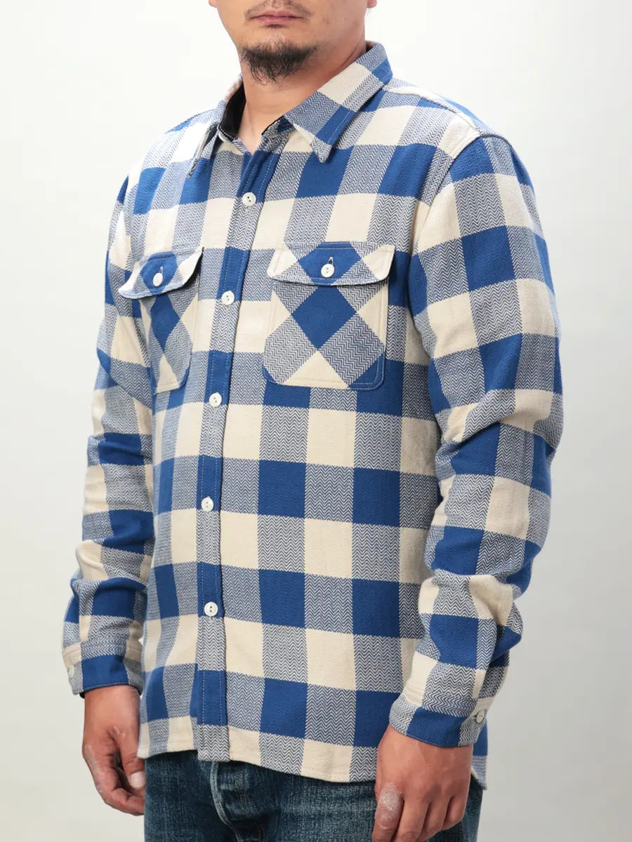 FN-SNR-101L Block Check Flannel Shirt, White/Blue